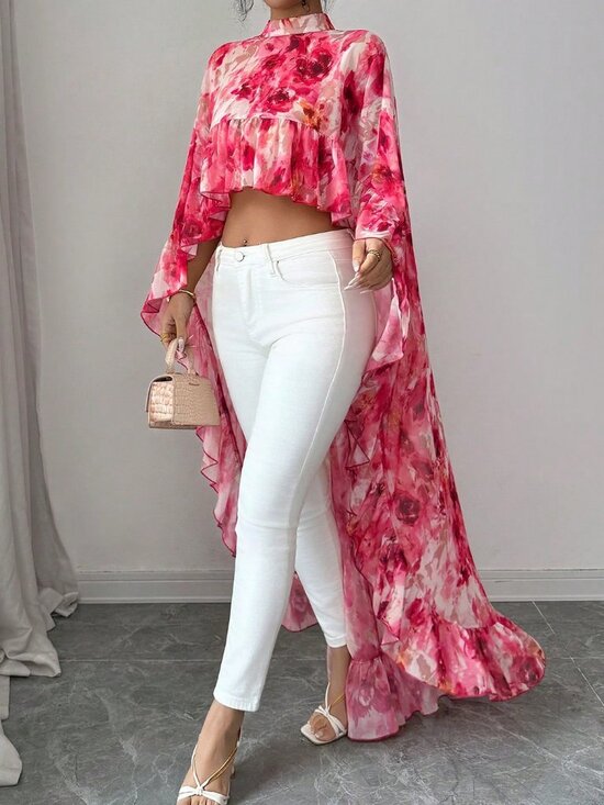 Tops - Pink Women's darin Collar Chiffon Floral Ruffle Trim hi-low Elegant Blouse
